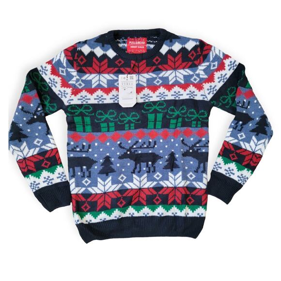 Pull&Bear Winter Holiday Crew Neck Knit Acrylic Blend Sweater Men Sz S - Picture 1 of 7